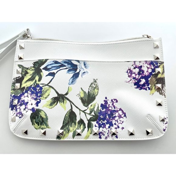 WHBM hydrangea clutch, wristlet, NWOT, studded white floral